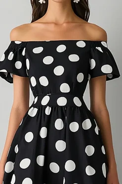 Vestido Verão Fora do Ombro Ponto Branco Preto Midi