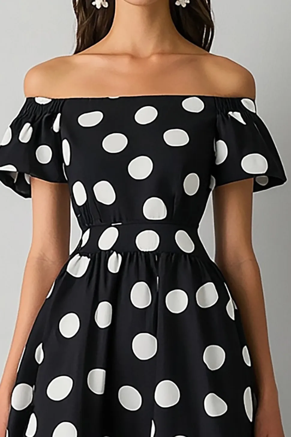 Vestido Verão Fora do Ombro Ponto Branco Preto Midi