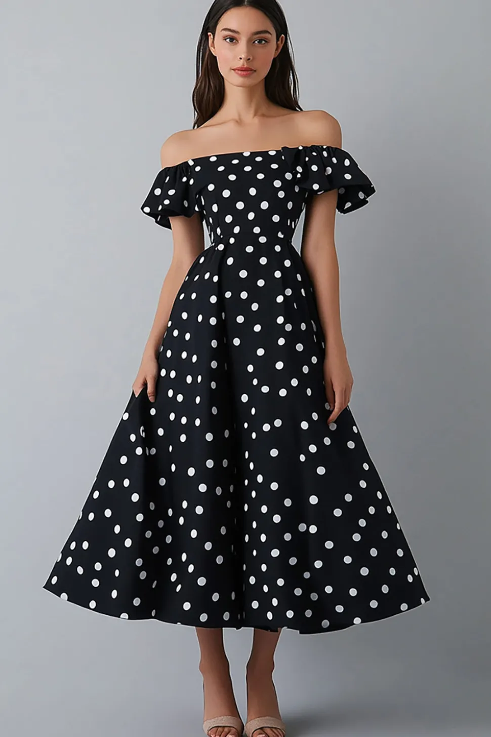 Vestido Verão Fora do Ombro Ponto Branco Preto Midi Chiffon