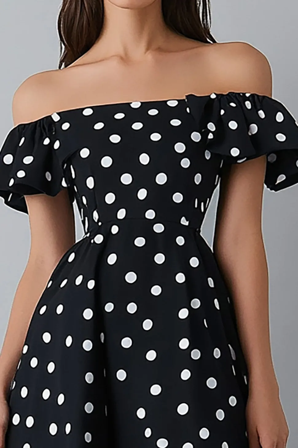 Vestido Verão Fora do Ombro Ponto Branco Preto Midi Chiffon
