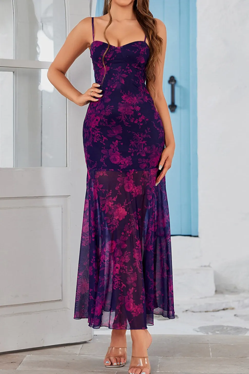 Vestido Verão Fuchsia Linha-A Longo Floral Alças Finas