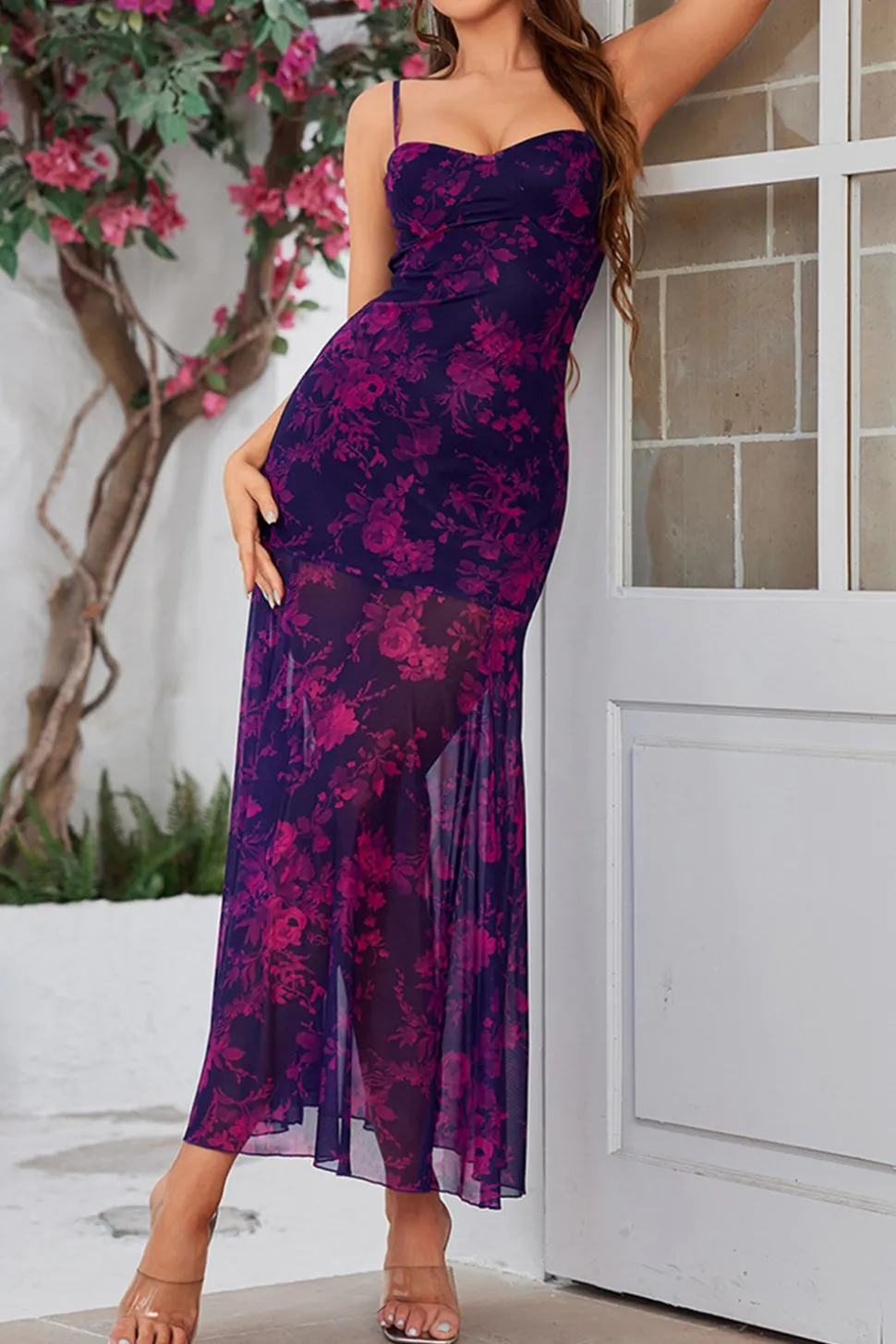 Vestido Verão Fuchsia Linha-A Longo Floral Alças Finas