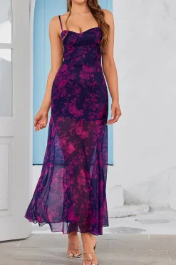 Vestido Verão Fuchsia Linha-A Longo Floral Alças Finas