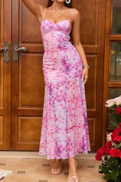 Vestido Verão Fuchsia Linha-A Longo Floral Alças Finas