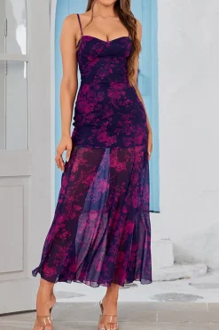 Vestido Verão Fuchsia Linha-A Longo Floral Alças Finas