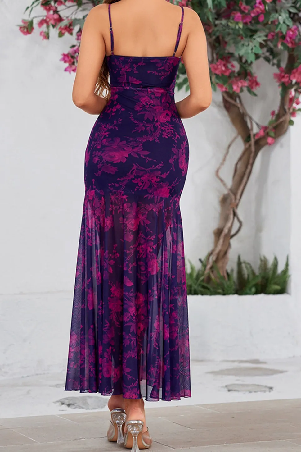 Vestido Verão Fuchsia Linha-A Longo Floral Alças Finas