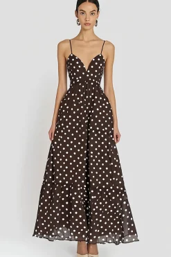 Vestido Verão Linha-A Alças Finas Longo Chiffon Café Branco Dot