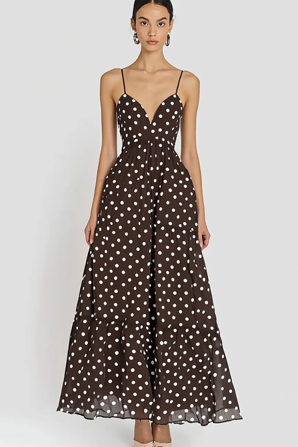 Vestido Verão Linha-A Alças Finas Longo Chiffon Café Branco Dot
