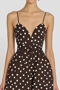 Vestido Verão Linha-A Alças Finas Longo Chiffon Café Branco Dot