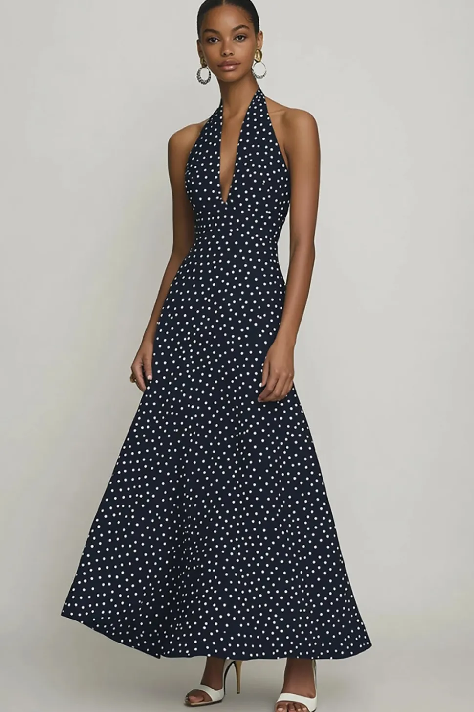 Vestido Verão Linha-A Chiffon Cabeçada Longo Ponto Branco Preto