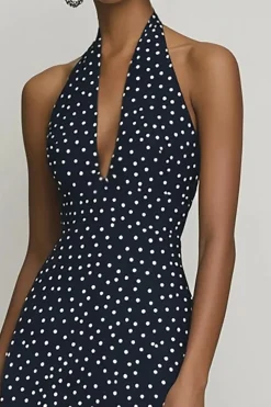 Vestido Verão Linha-A Chiffon Cabeçada Longo Ponto Branco Preto