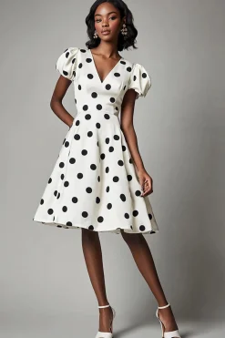 Vestido Verão Linha-A Decote em V Curto Ponto Preto Branco