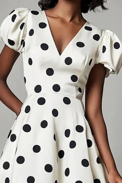 Vestido Verão Linha-A Decote em V Curto Ponto Preto Branco