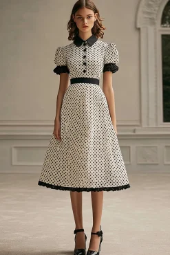 Vestido Verão Linha-A Lapela Ponto Preto Branco Midi Mangas Curtas