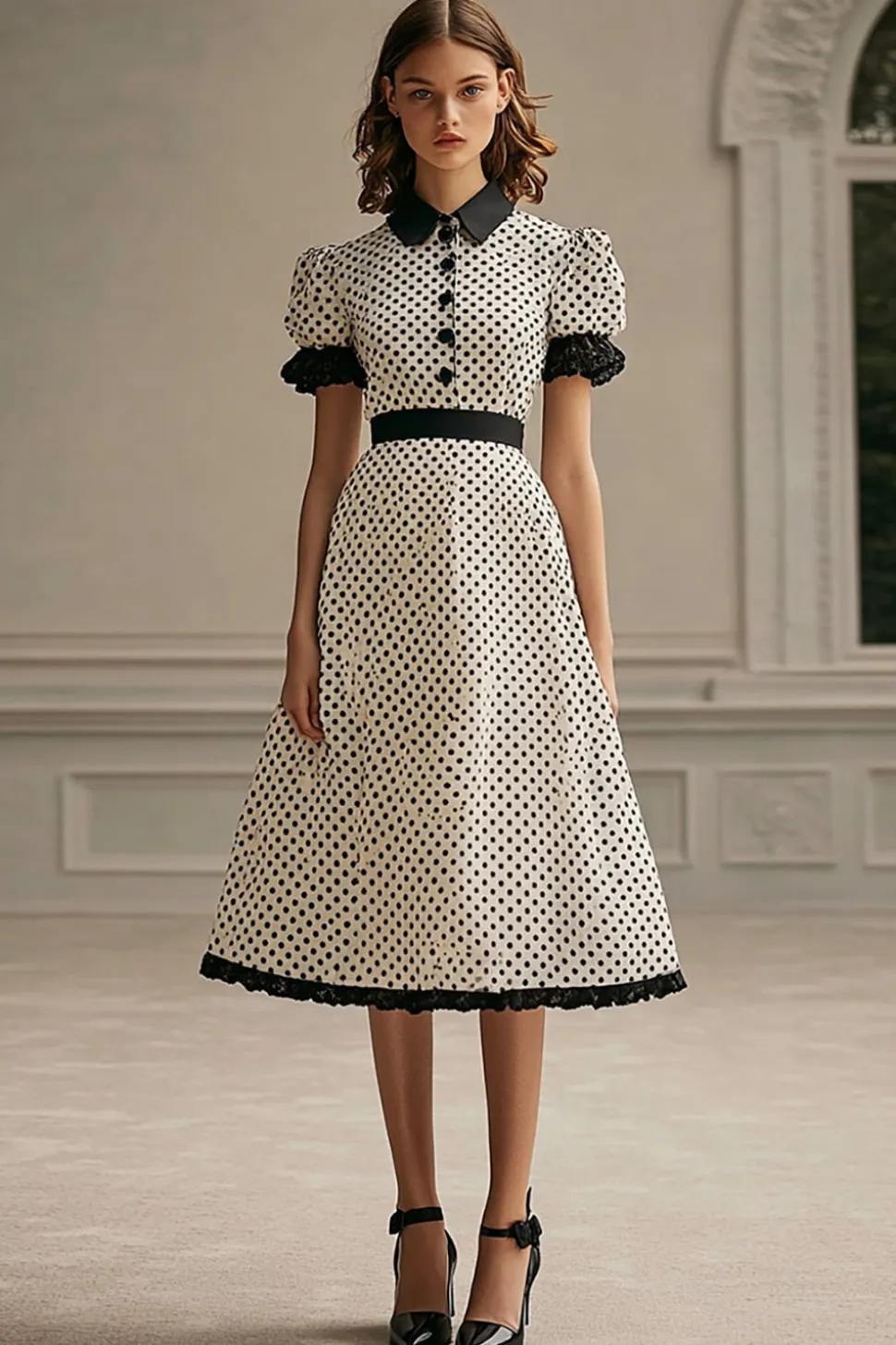 Vestido Verão Linha-A Lapela Ponto Preto Branco Midi Mangas Curtas