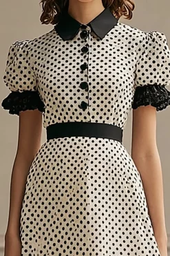 Vestido Verão Linha-A Lapela Ponto Preto Branco Midi Mangas Curtas