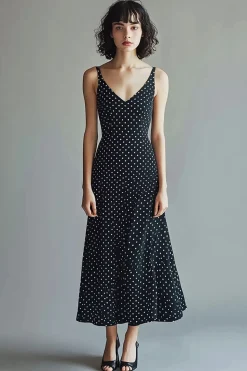 Vestido Verão Linha-A Longo Ponto Branco Preto Decote em V