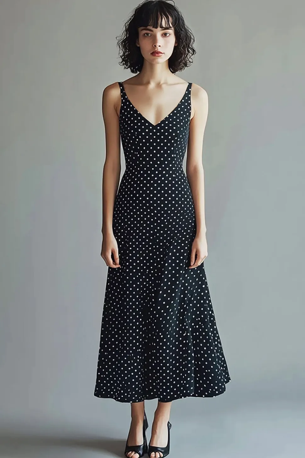 Vestido Verão Linha-A Longo Ponto Branco Preto Decote em V