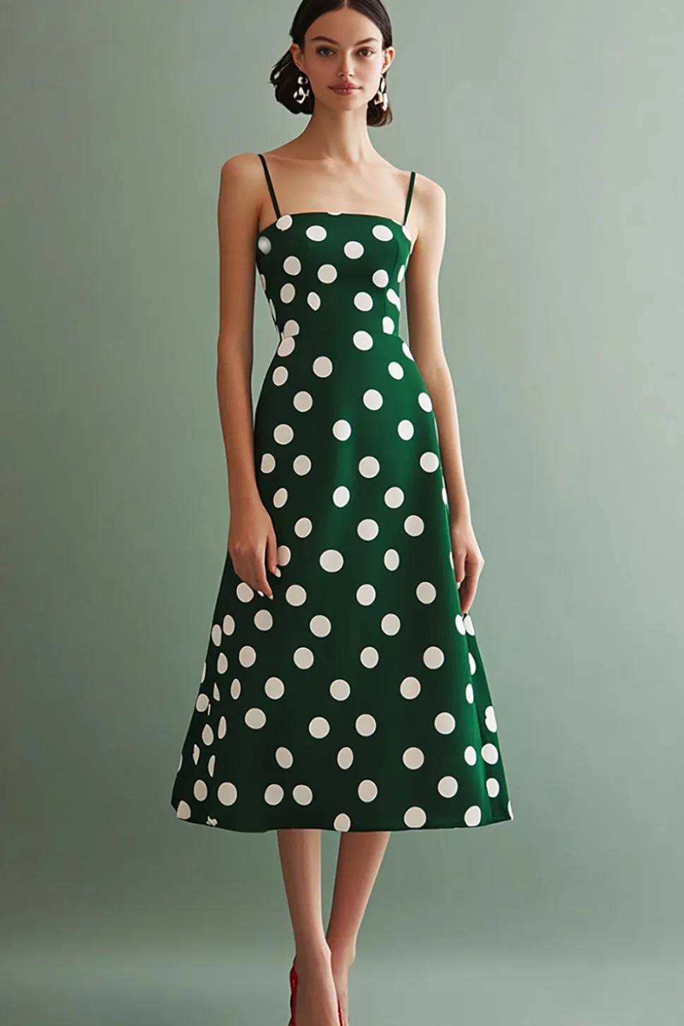 Vestido Verão Linha-A Midi Alças Finas Ponto Branco Verde