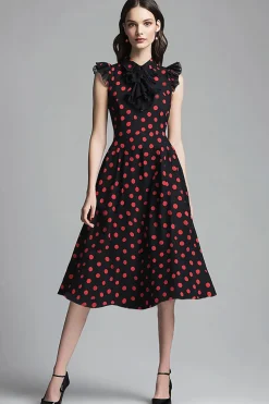 Vestido Verão Linha-A Midi Ponto Vermelho Preto