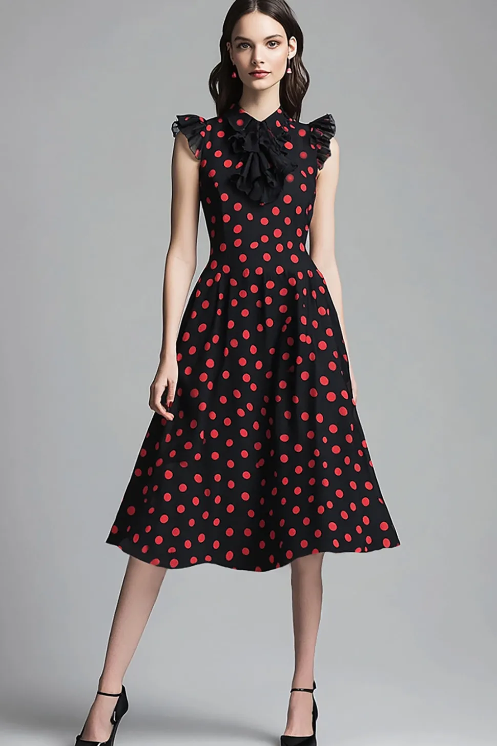 Vestido Verão Linha-A Midi Ponto Vermelho Preto