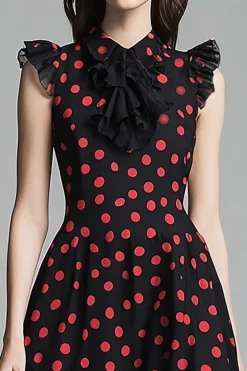 Vestido Verão Linha-A Midi Ponto Vermelho Preto