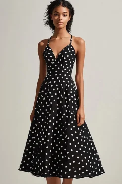 Vestido Verão Linha-A Midi Ponto Branco Preto Alças Finas