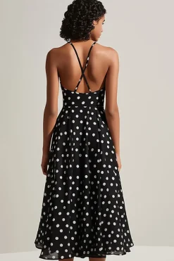 Vestido Verão Linha-A Midi Ponto Branco Preto Alças Finas