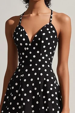 Vestido Verão Linha-A Midi Ponto Branco Preto Alças Finas