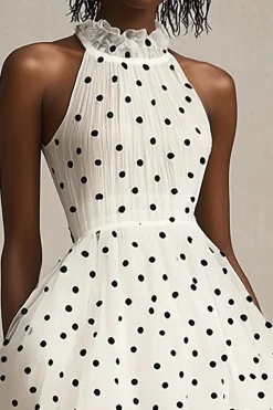Vestido Verão Linha-A Ponto Preto Branco Midi Pescoço Alto