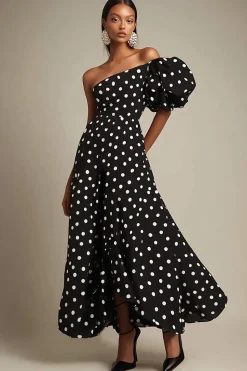 Vestido Verão Linha-A Um Ombro Longo Ponto Branco Preto