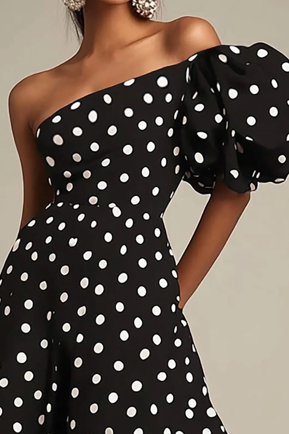 Vestido Verão Linha-A Um Ombro Longo Ponto Branco Preto