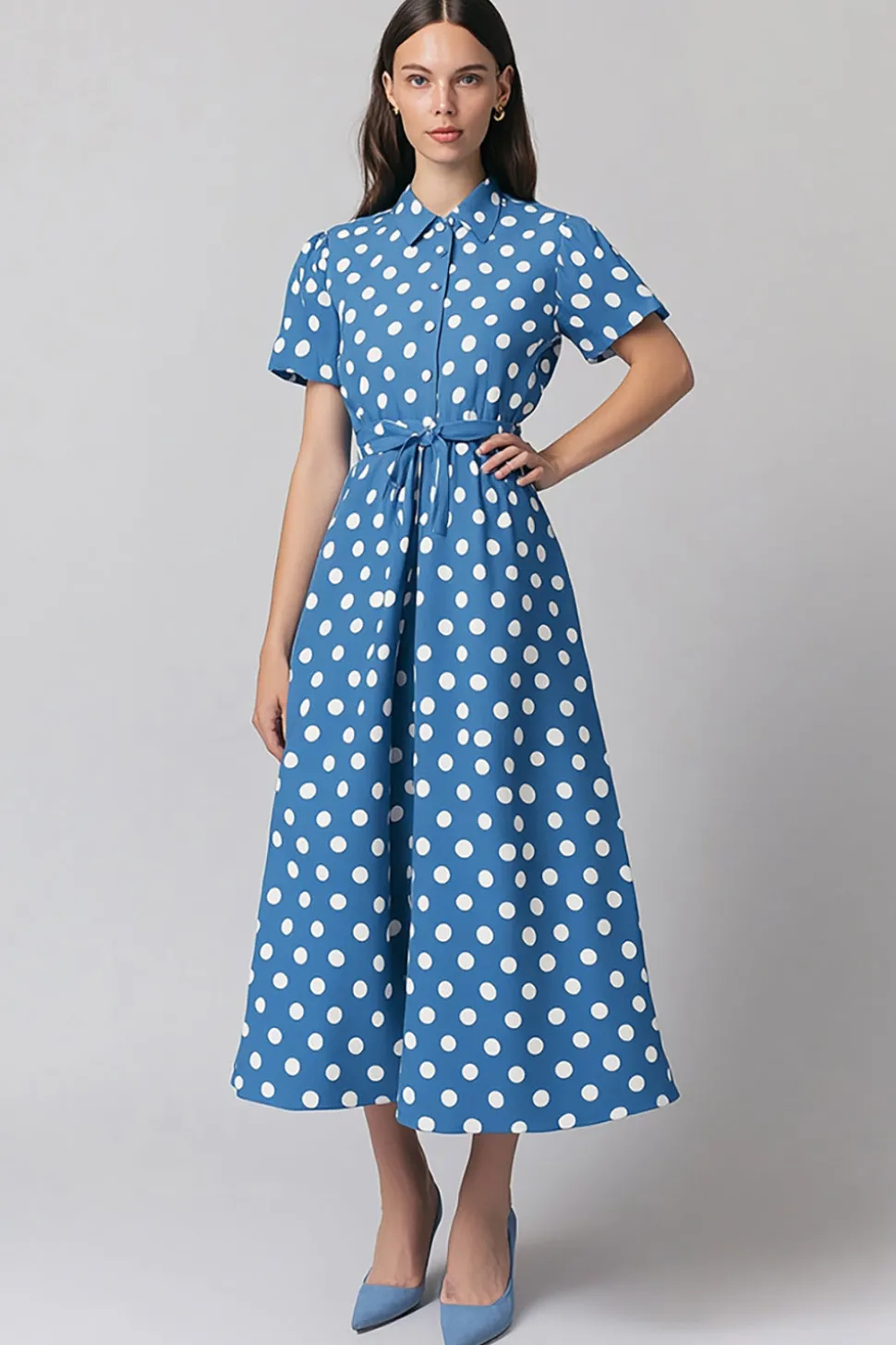 Vestido Verão Mangas Curtas Midi Ponto Branco Azul Linha-A
