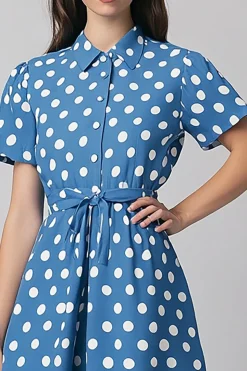 Vestido Verão Mangas Curtas Midi Ponto Branco Azul Linha-A