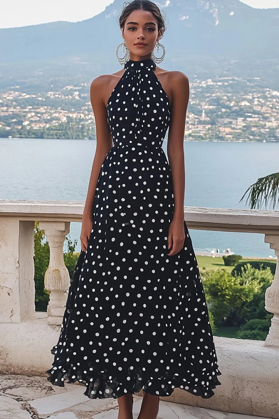 Vestido Verão Pescoço Alto Longo Linha-A Ponto Branco Preto