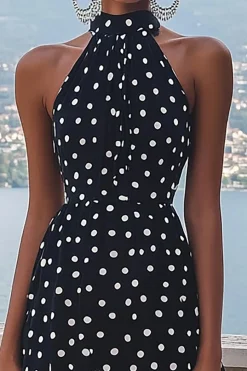 Vestido Verão Pescoço Alto Longo Linha-A Ponto Branco Preto