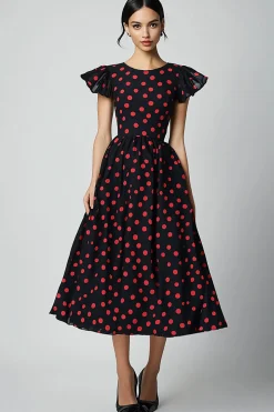 Vestido Verão Pescoço de Barco Linha-A Midi Ponto Vermelho Preto