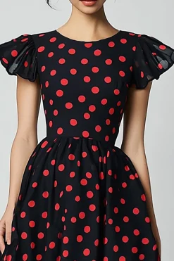 Vestido Verão Pescoço de Barco Linha-A Midi Ponto Vermelho Preto