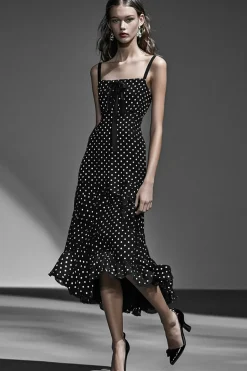 Vestido Verão Pescoço Quadrado Midi Chiffon Ponto Branco Preto