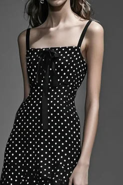 Vestido Verão Pescoço Quadrado Midi Chiffon Ponto Branco Preto