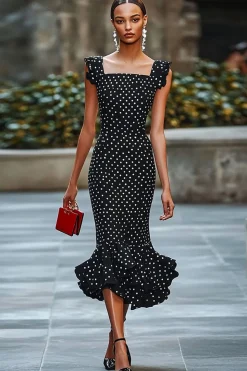 Vestido Verão Pescoço Quadrado Sereia Midi Ponto Branco Preto