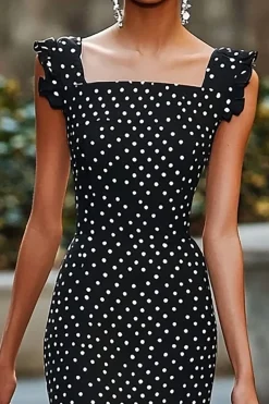 Vestido Verão Pescoço Quadrado Sereia Midi Ponto Branco Preto