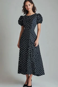 Vestido Verão Pescoço Redondo Mangas Curtas Midi Ponto Branco Preto