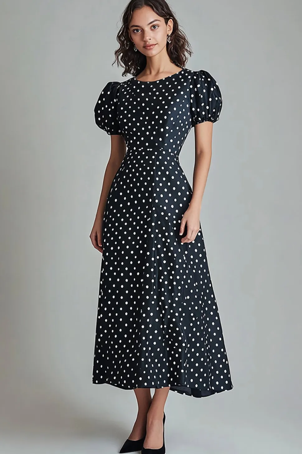 Vestido Verão Pescoço Redondo Mangas Curtas Midi Ponto Branco Preto
