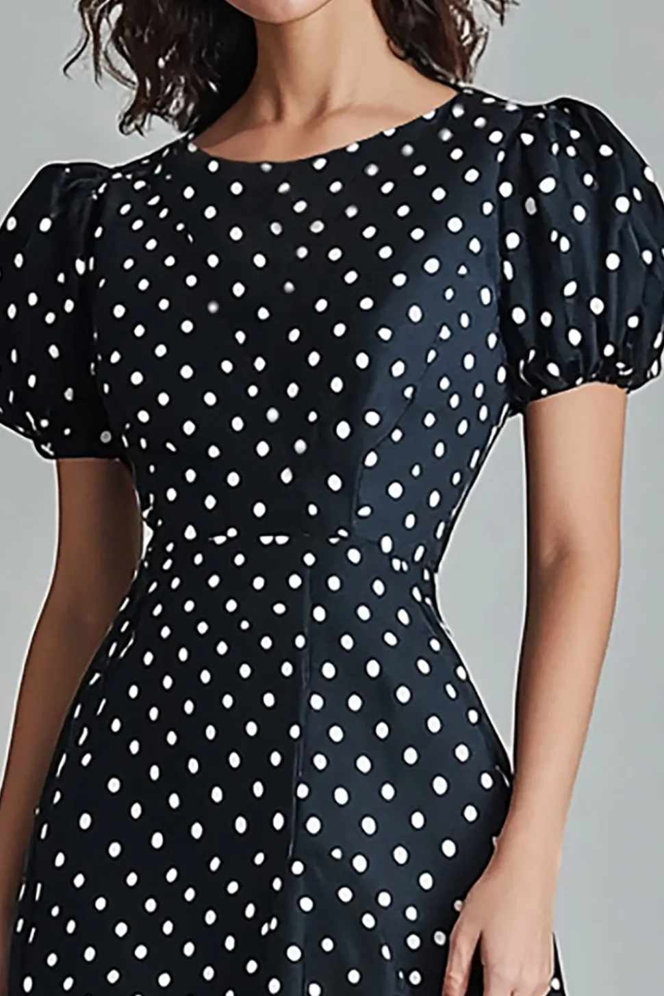 Vestido Verão Pescoço Redondo Mangas Curtas Midi Ponto Branco Preto