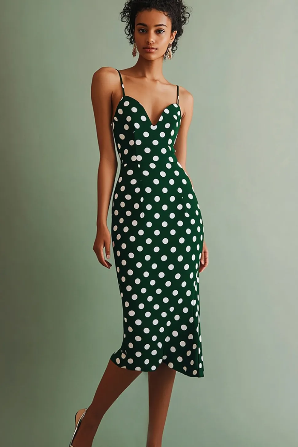 Vestido Verão Ponto Branco Verde Alças Finas Midi Bodycon
