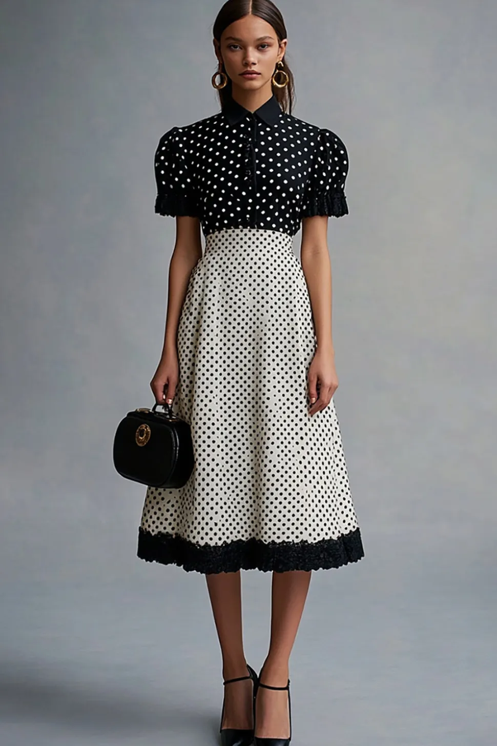 Vestido Verão Ponto Branco Preto Lapela Midi Linha-A Mangas Curtas