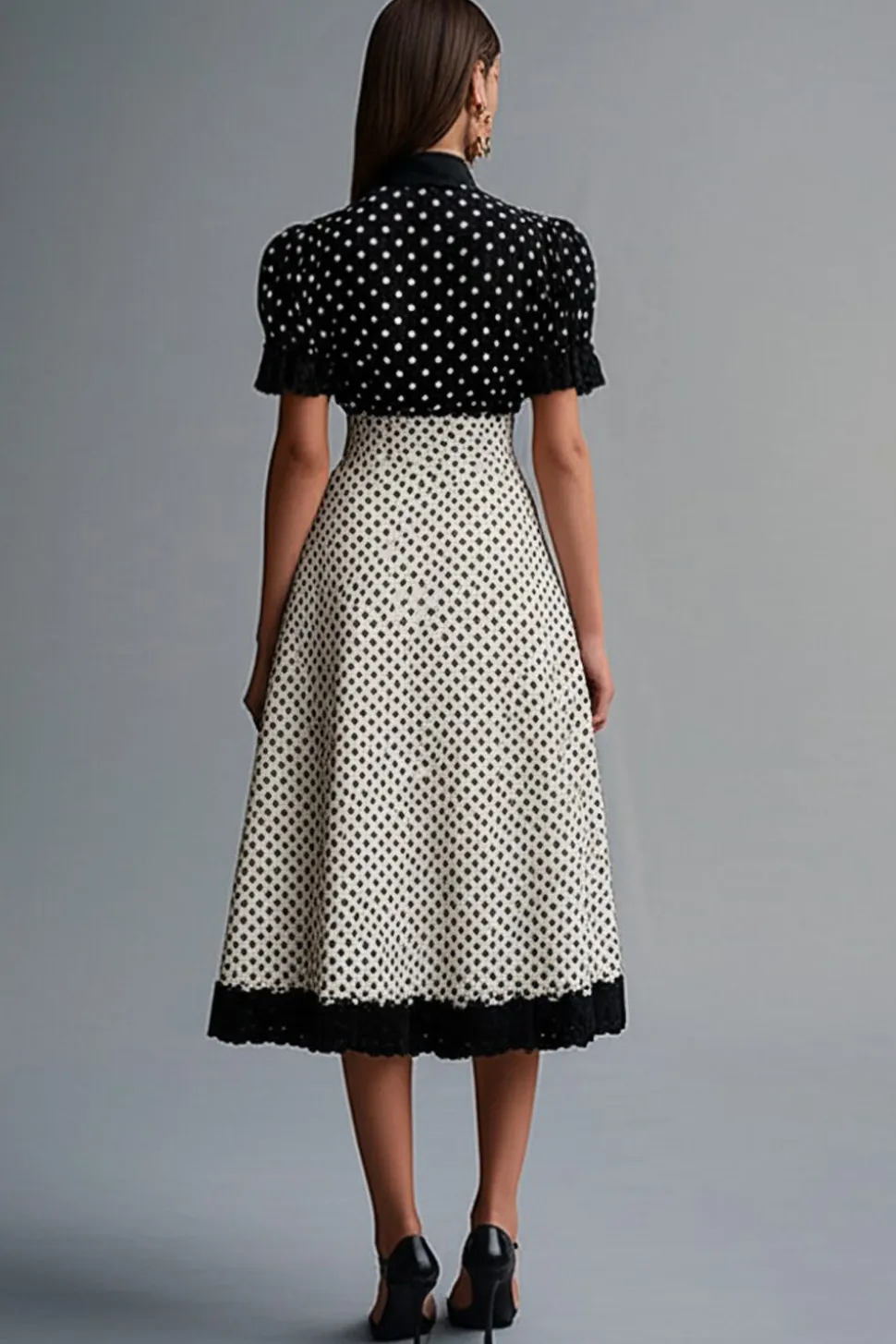 Vestido Verão Ponto Branco Preto Lapela Midi Linha-A Mangas Curtas