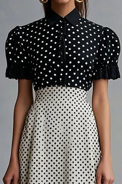 Vestido Verão Ponto Branco Preto Lapela Midi Linha-A Mangas Curtas
