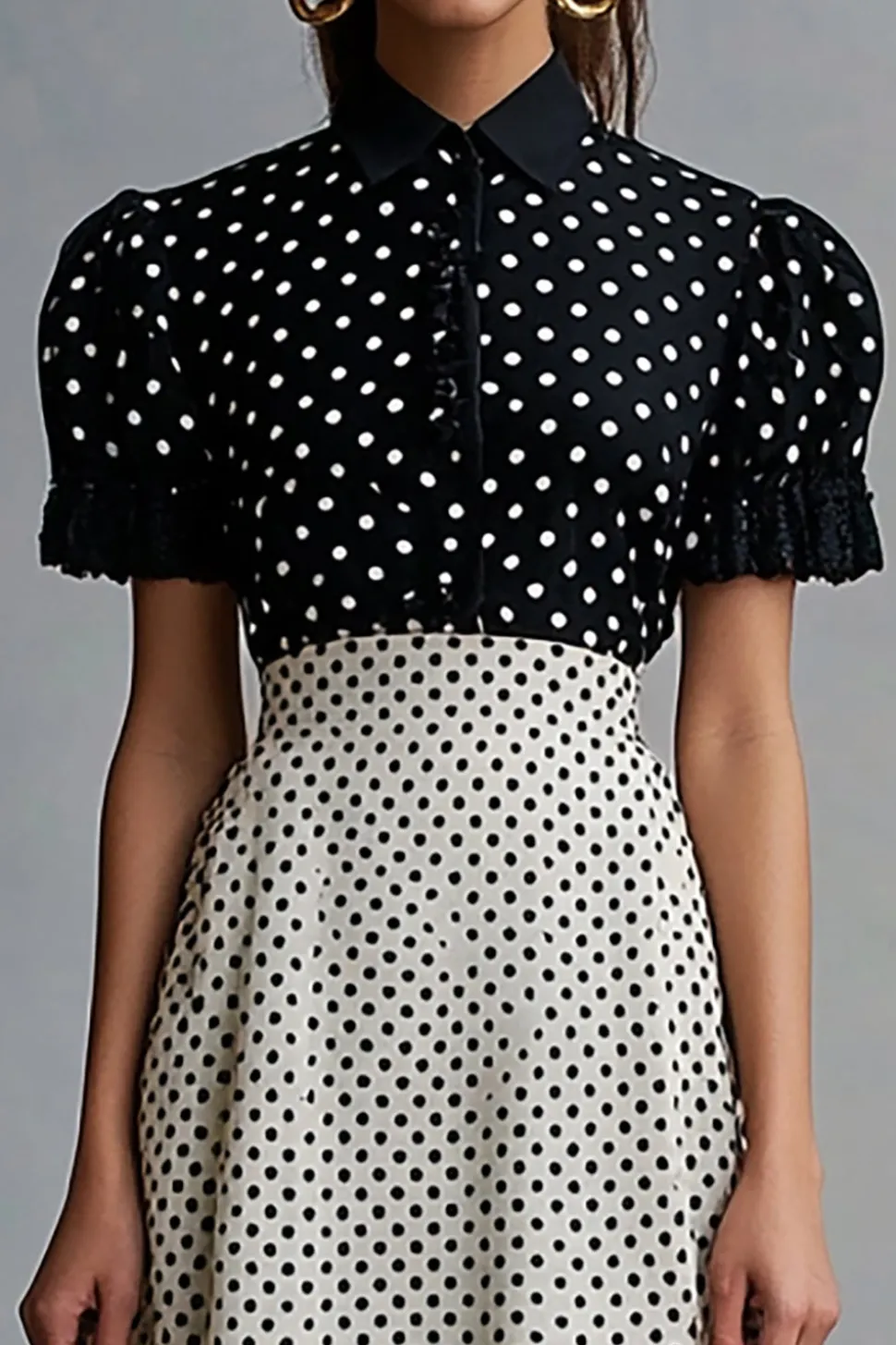 Vestido Verão Ponto Branco Preto Lapela Midi Linha-A Mangas Curtas